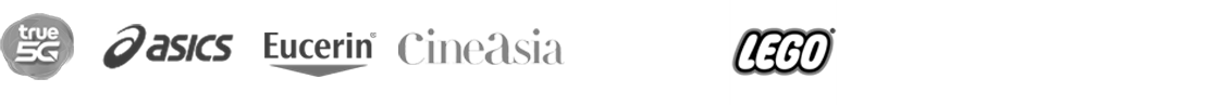 Client logos including True 5G, ASICS, Eucerin, CineAsia, Disney, LEGO, Dior and EVEANDBOY